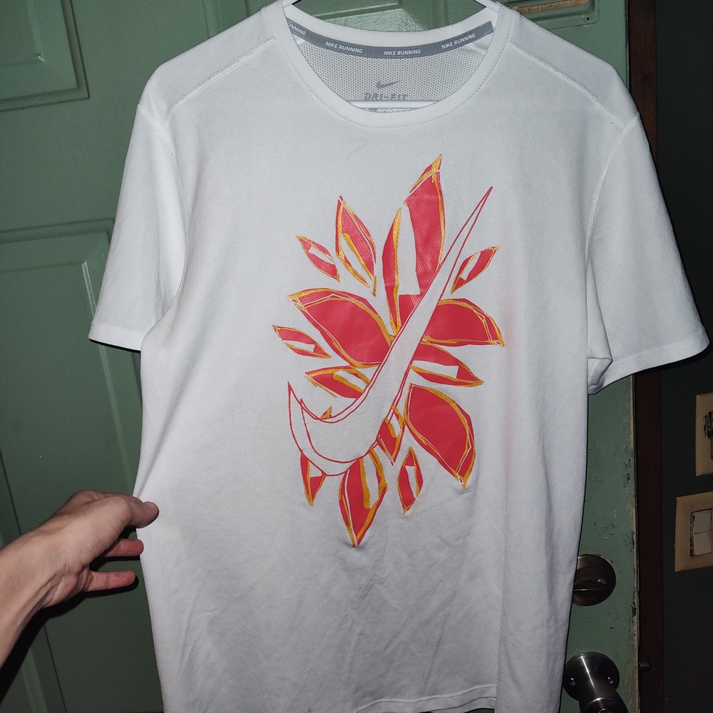 Nike White Dri Fit Tee with Red and Orange Graphic